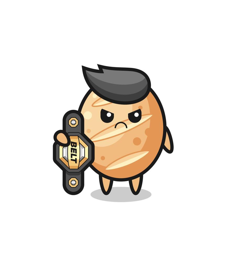 personagem mascote do pão francês como lutador de mma com o cinturão de campeão vetor