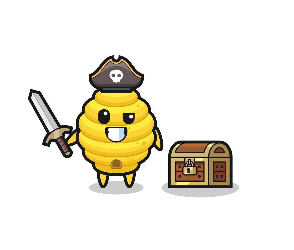 o personagem pirata da colmeia de abelhas segurando uma espada ao lado de uma caixa de tesouro vetor