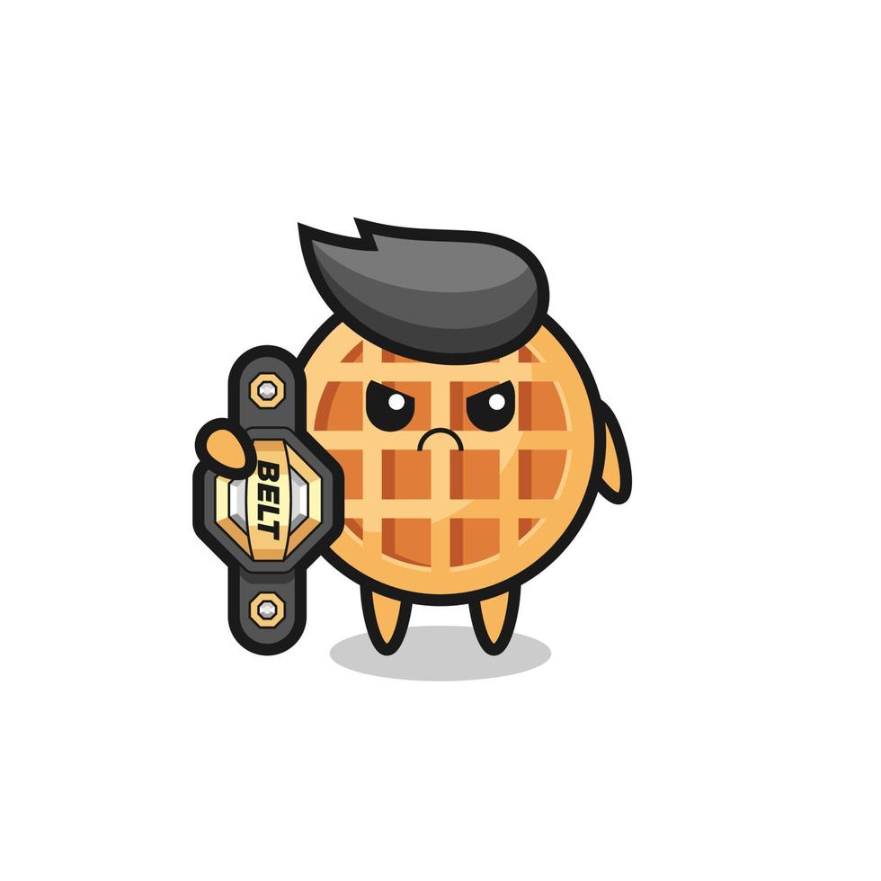 personagem mascote waffle circular como um lutador mma com o cinto de campeão vetor