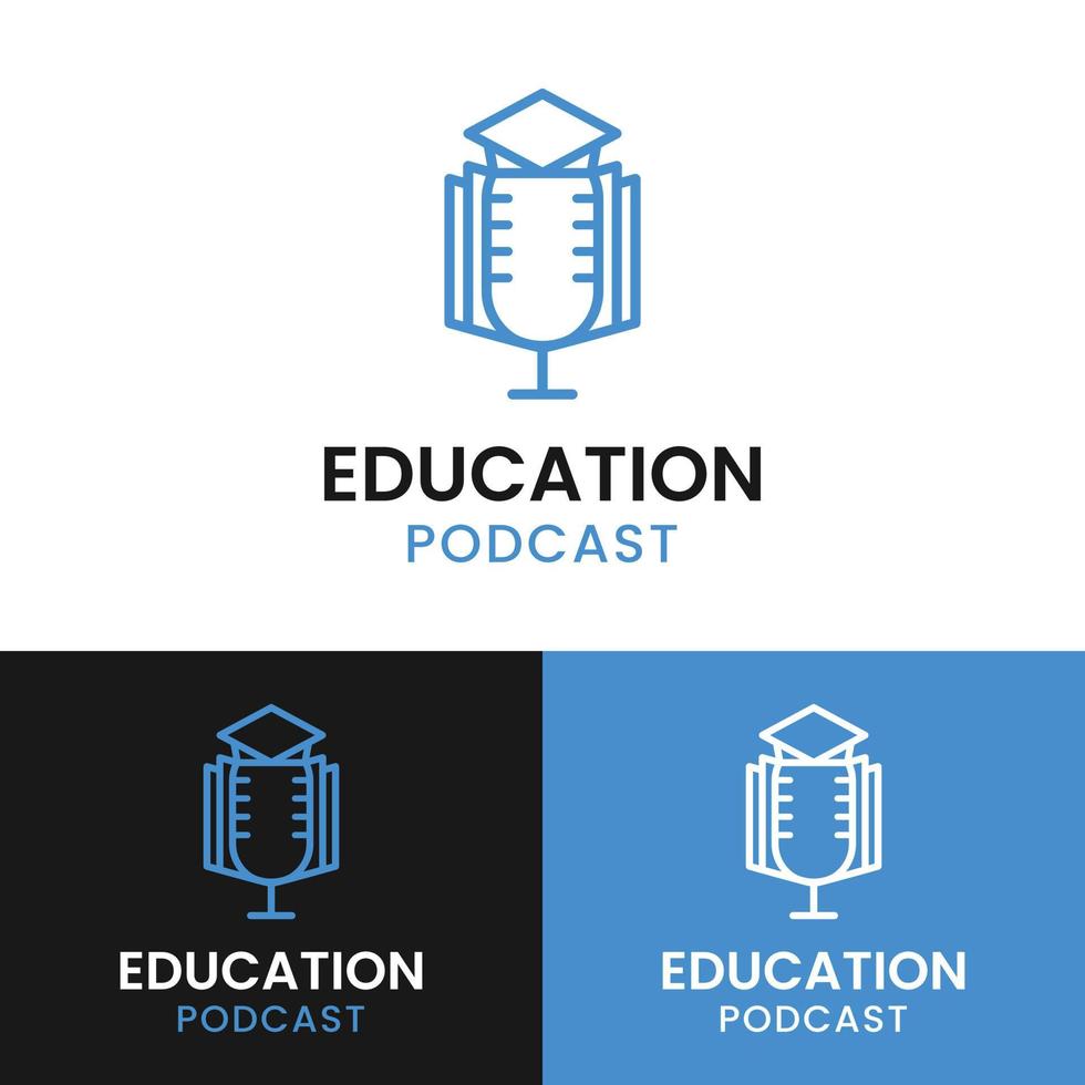 microfone com livro e modelo de design de logotipo de podcast de educação vetor