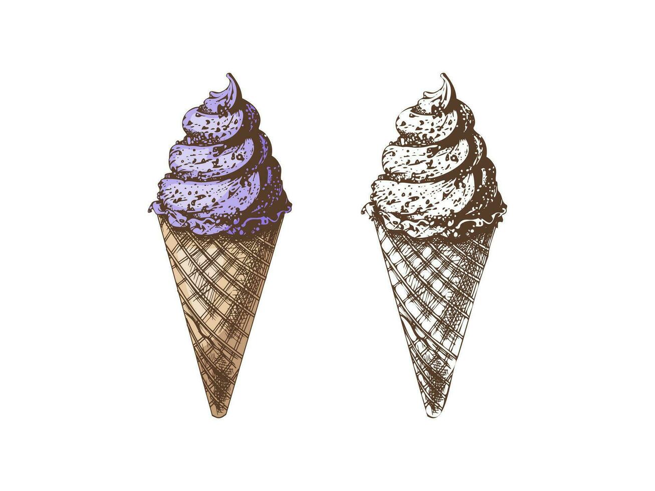 desenhado à mão colori e monocromático esboço conjunto do waffle cones com congeladas iogurte ou gelo creme. vintage ilustração. elemento para rótulos, embalagem e cartões postais. vetor