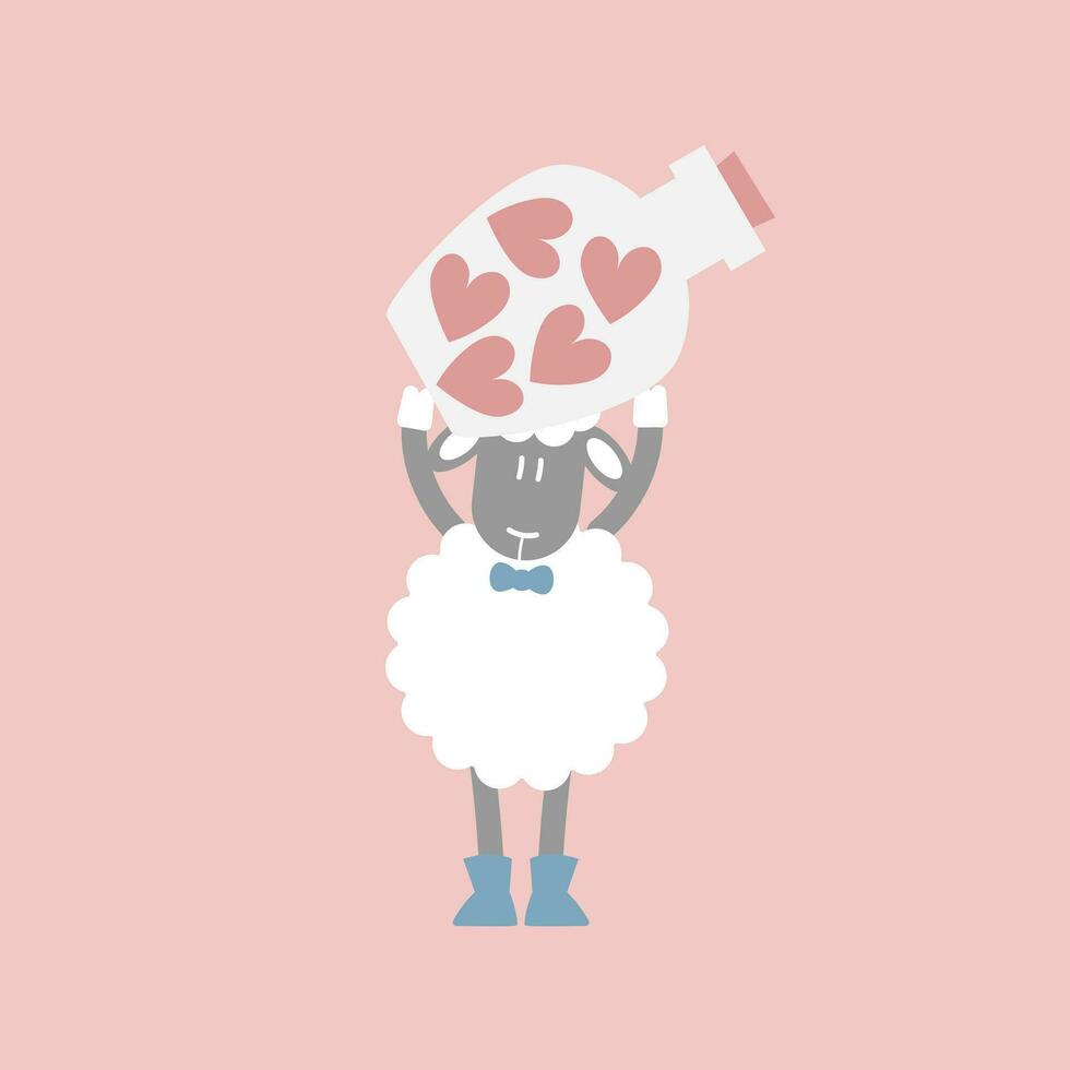 fofa e adorável ovelha com jarra do coração, feliz dia dos namorados dia, amor conceito, plano vetor ilustração desenho animado personagem traje Projeto