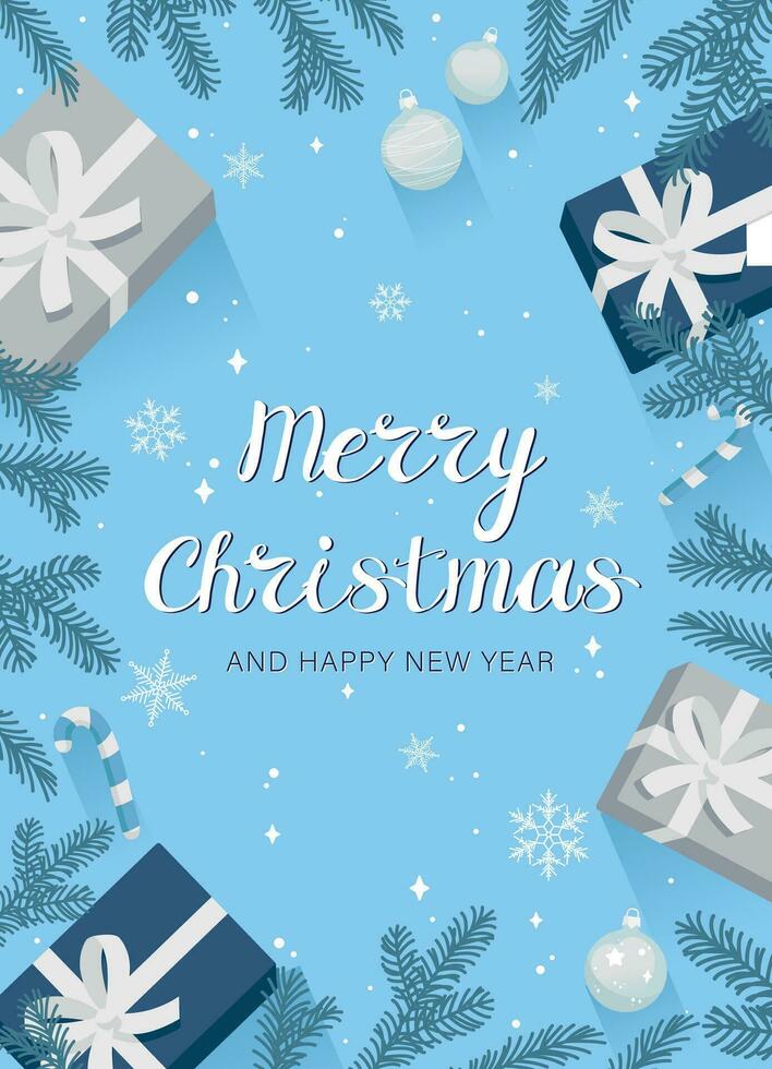 Natal cartão com azul fundo com decorativo elementos do abeto galhos, presente caixas, Natal árvore bolas, listrado doce bengalas para Novo anos saudações para família e amigos vetor