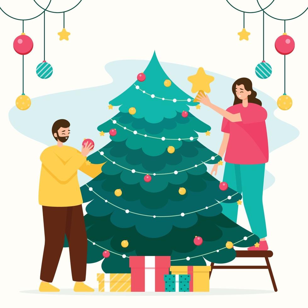 casal decorando árvore de natal com bugigangas em casa vetor