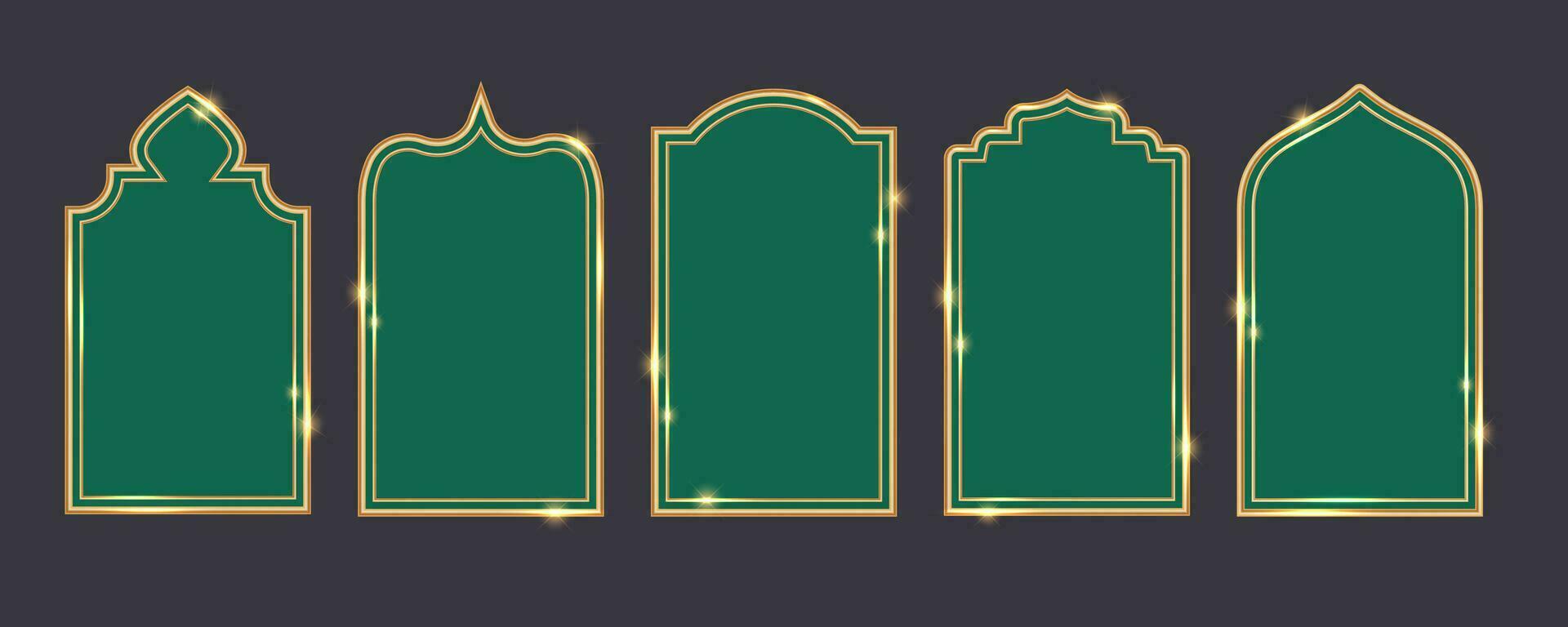 Ramadã janela quadro, Armação formas. islâmico dourado arcos. muçulmano mesquita elementos do arquitetura com ornamento. turco portões e portas definir. vetor