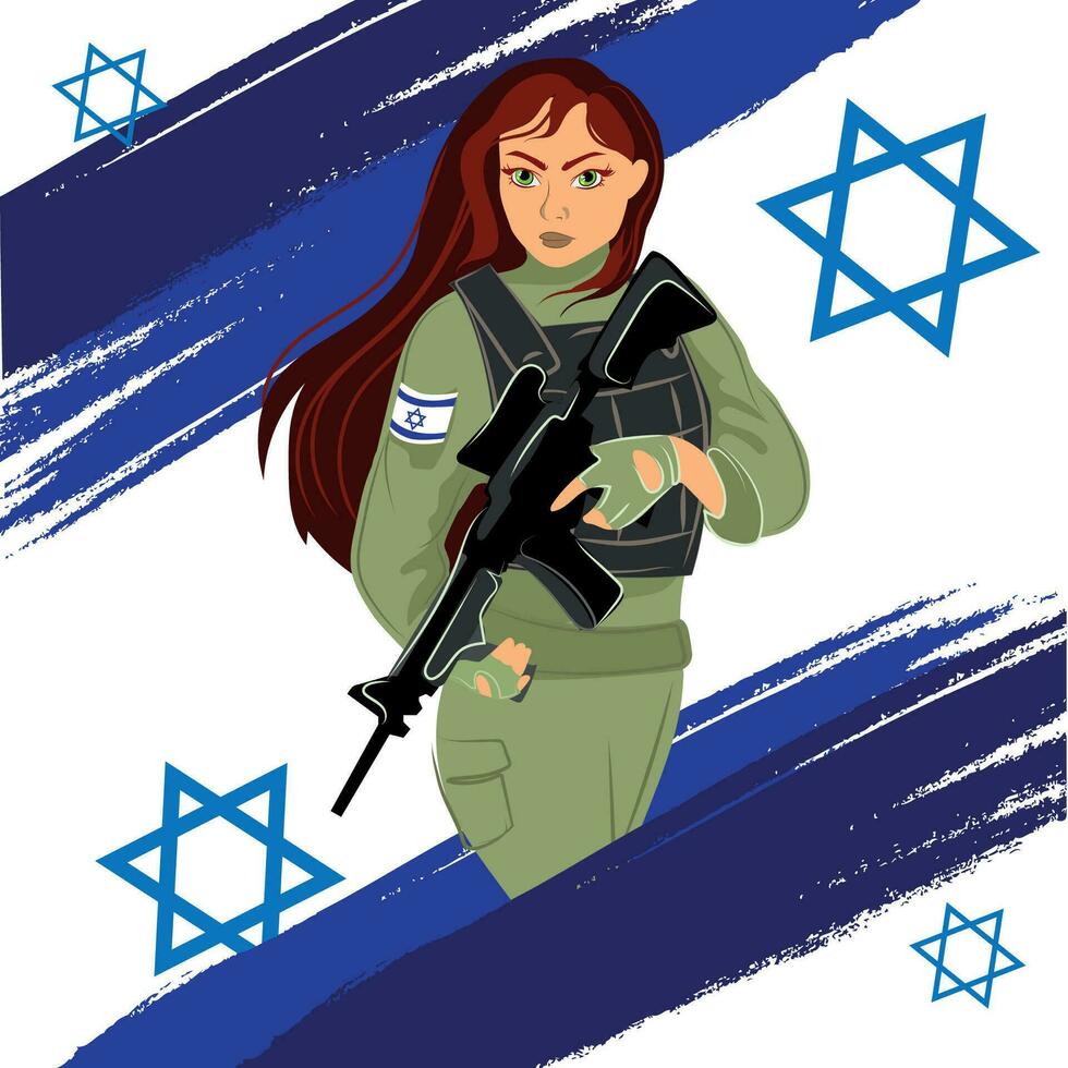 lindo idf menina com uma máquina arma de fogo dentro dela mãos em a fundo do a israelense bandeira vetor ilustração.jovem israelense judaico mulher soldado dentro militares uniforme
