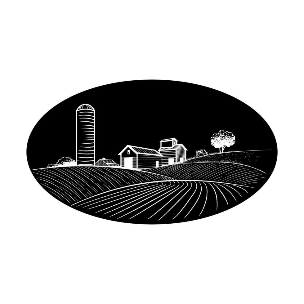 ícone Fazenda e água torre dentro a Campos. agricultura, crescendo trigo, legumes vetor