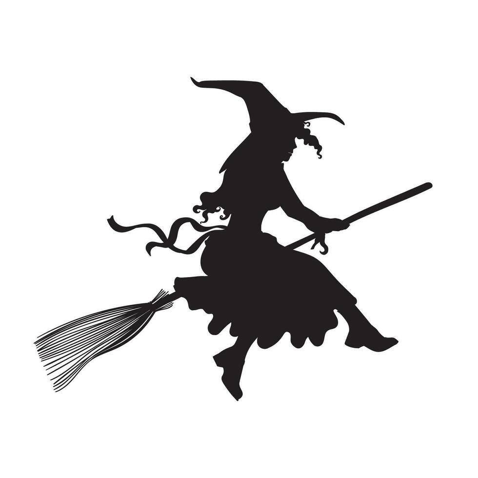 ícone bruxa moscas em uma vassoura. simples silhueta do uma fofa bruxa para dia das Bruxas, cartões e convites vetor