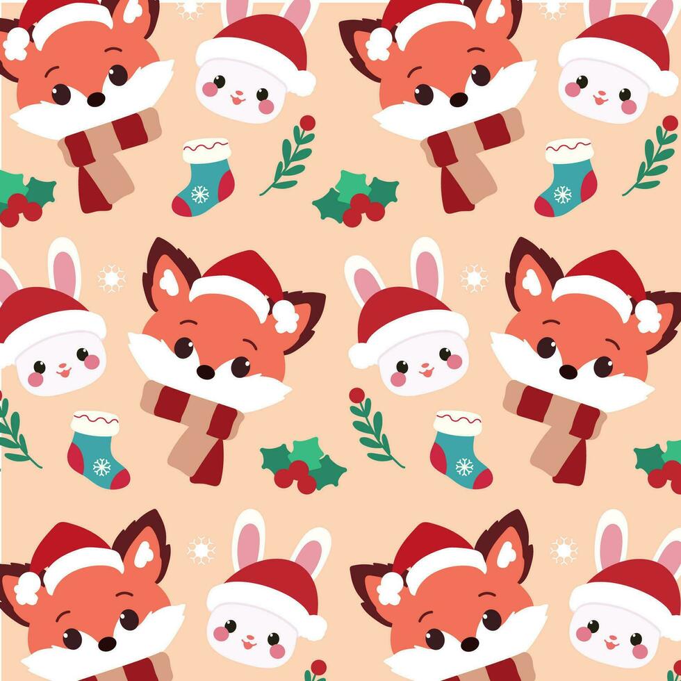 Natal Raposa e Coelho padronizar. Natal padronizar características fofa raposas, coelhos, e meias em uma tema natalino laranja fundo. vetor