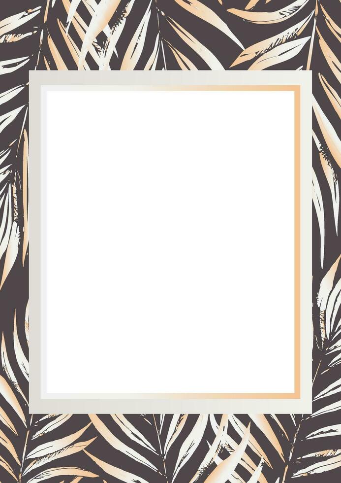 tropical floral quadro, Armação dourado elegante botânico composição para a Projeto do Casamento convites. exótico moderno desenhado à mão ramalhete Projeto com cópia de espaço. botânico quadro, Armação para Projeto cartões e capas. vetor