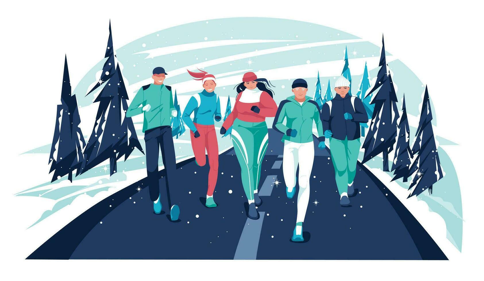 maratona raça grupo - plano desenho animado moderno vetor ilustração do corrida homens e mulheres dentro neve em inverno país estrada. corrida dentro a frio temporada. criativo aterrissagem página Projeto modelo, rede bandeira