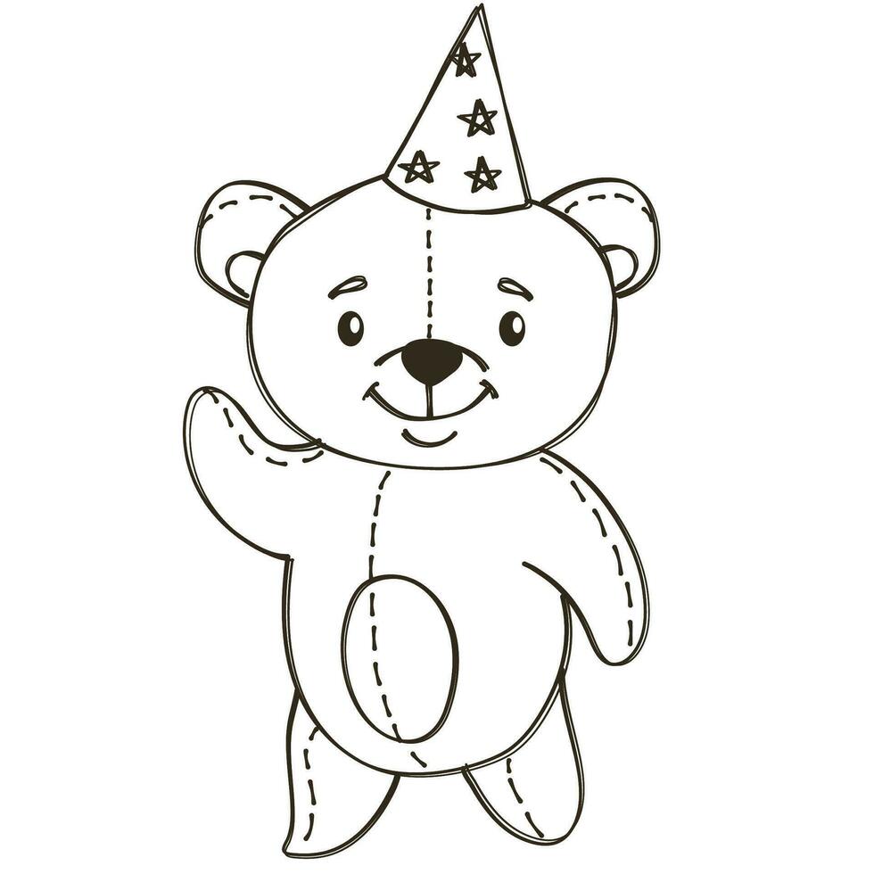 Preto e branco vetor ilustração dentro rabisco estilo. fofa pequeno Urso a comemorar dele aniversário. Urso pulando dentro confete com uma peça do bolo. crianças ilustração para aniversário celebração