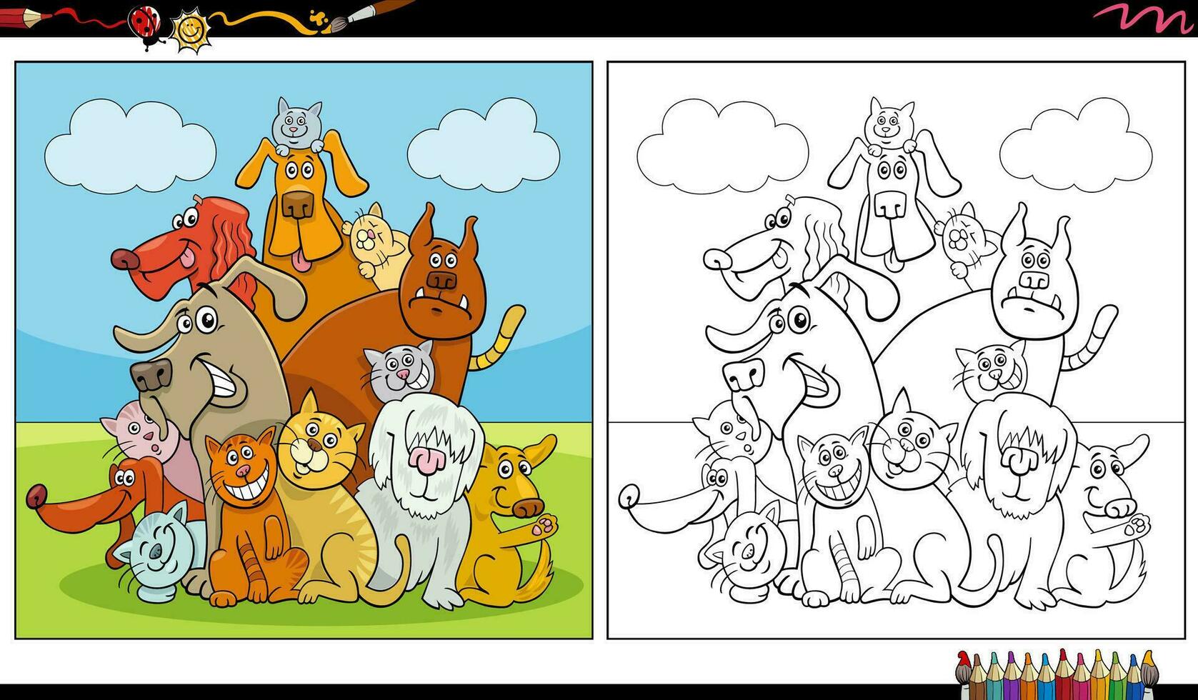 desenho animado gatos e cachorros animal personagens grupo coloração página vetor