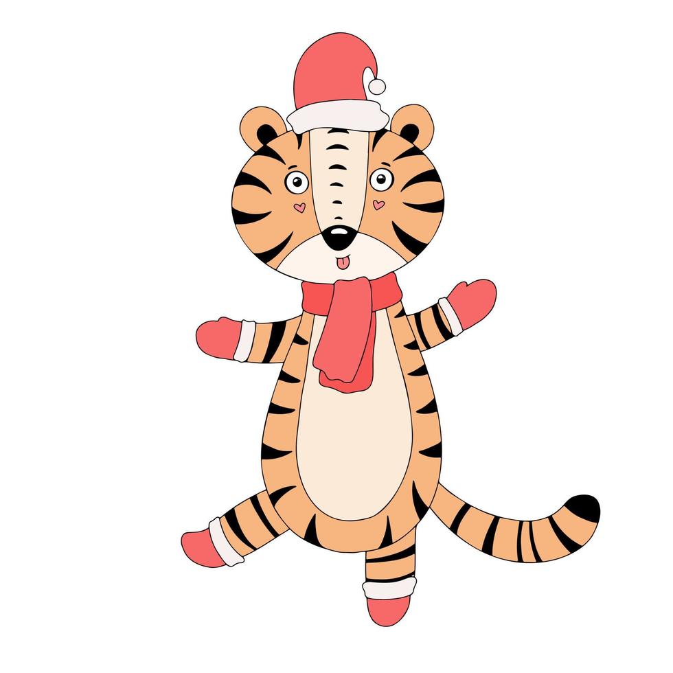 desenho de tigre fofo, feliz ano novo, cartão de feliz natal vetor