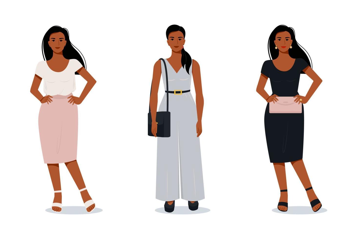 elegante mulher afro moderna em estilo simples. vetor personagens femininas em roupas diferentes. roupa de noite. terno de escritório.