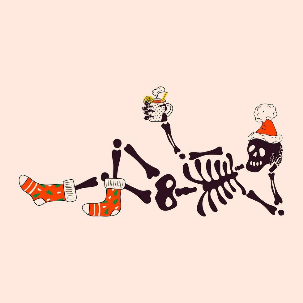 engraçado esqueleto com com decoração Natal. fofa personagem esqueleto ossos vetor