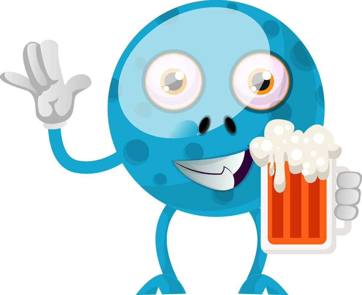 monstro azul com cerveja, ilustração, vetor em fundo branco.