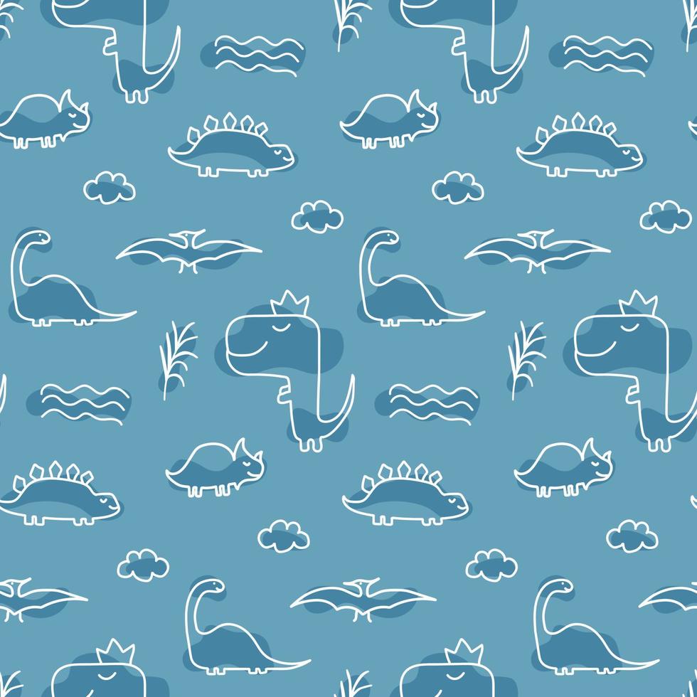 padrão sem emenda com dinossauros para tecido de bebê, têxteis, papel de parede de bebê. linhas brancas rabiscam sobre um fundo azul. vetor