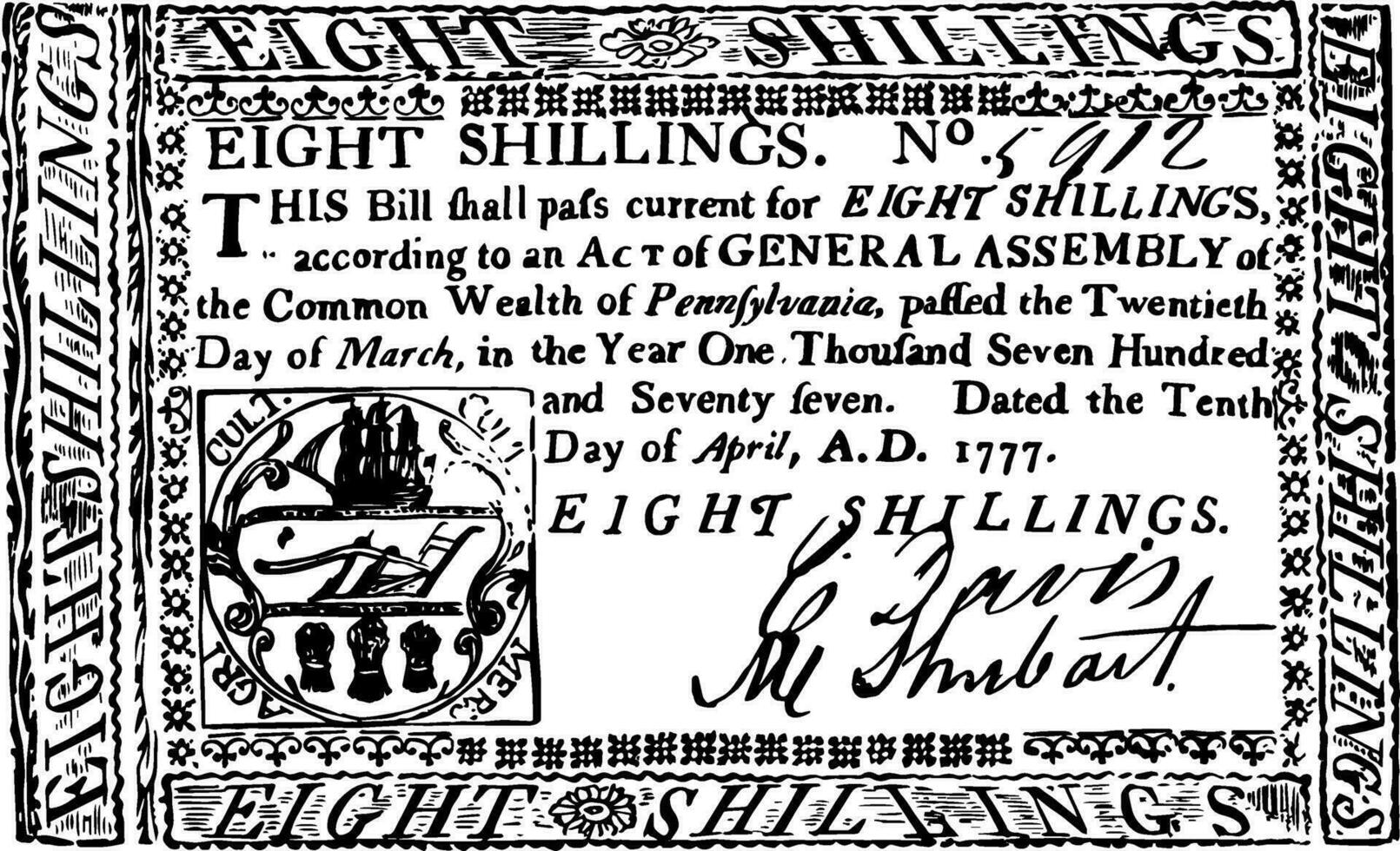papel dinheiro, oito xelins conta, 1777 vintage ilustração. vetor