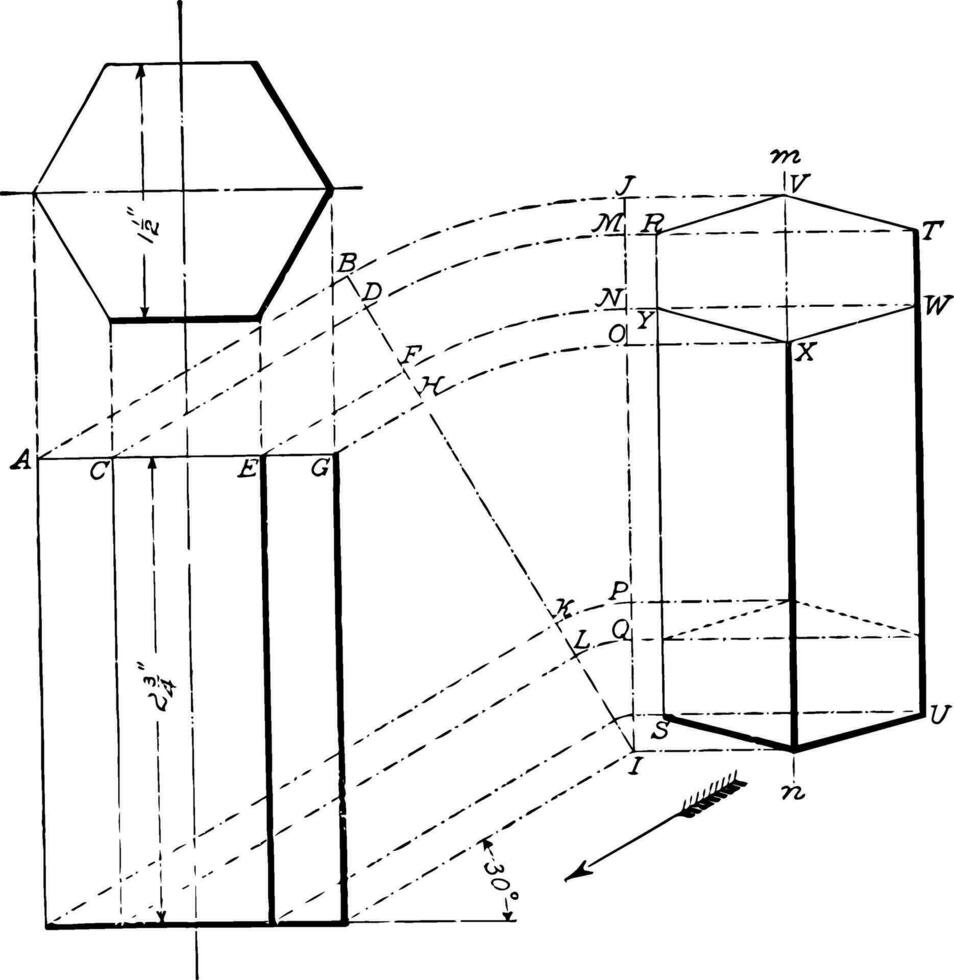 projeção do hexagonal prisma vintage ilustração. vetor