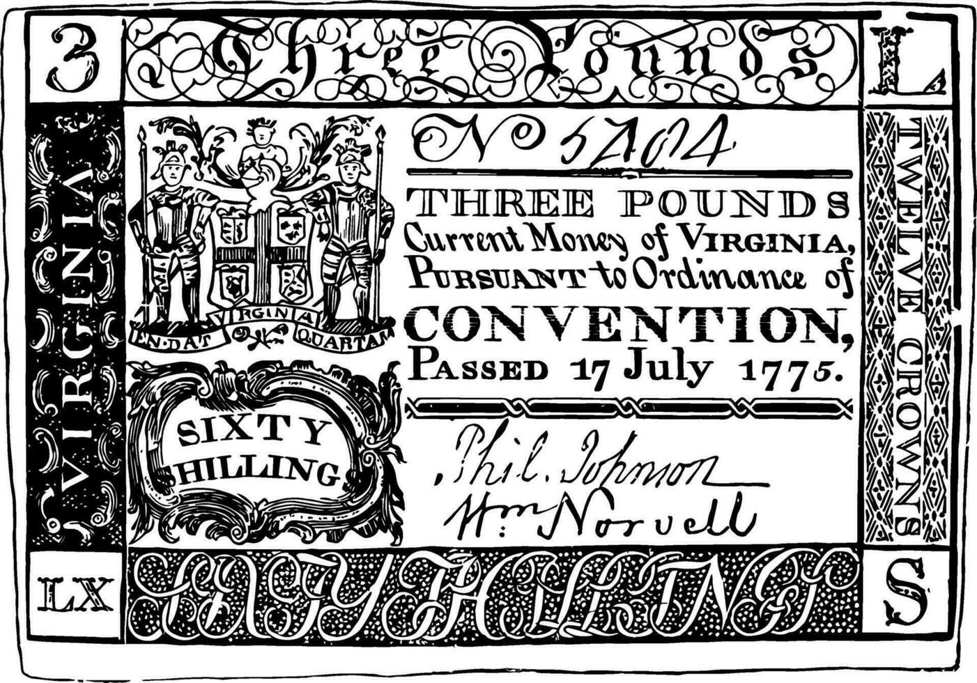 papel dinheiro, três libras conta, 1775 vintage ilustração. vetor