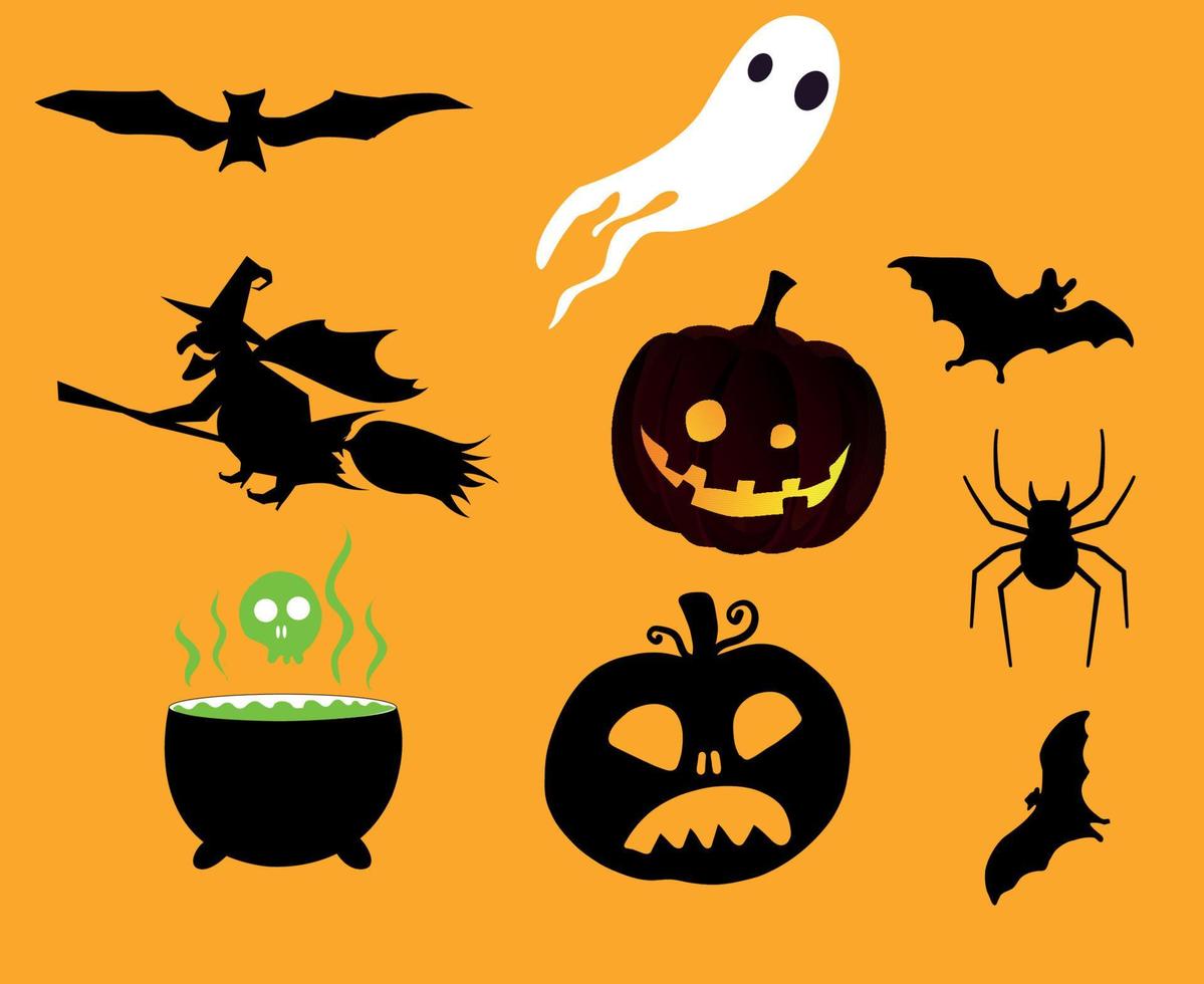 fundo abstrato feliz dia das bruxas 31 de outubro com fantasma de morcego laranja abóbora e objetos de vetor de aranha