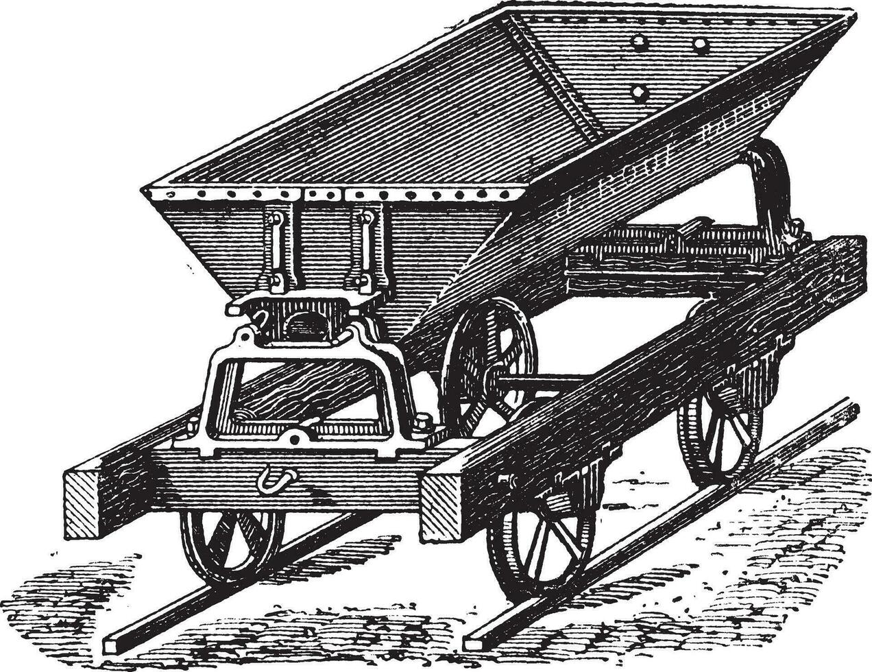 a descarregador caixa equipado com metal Folha e Duplo articulado interruptor usa para a transporte do concreto vintage gravação vetor