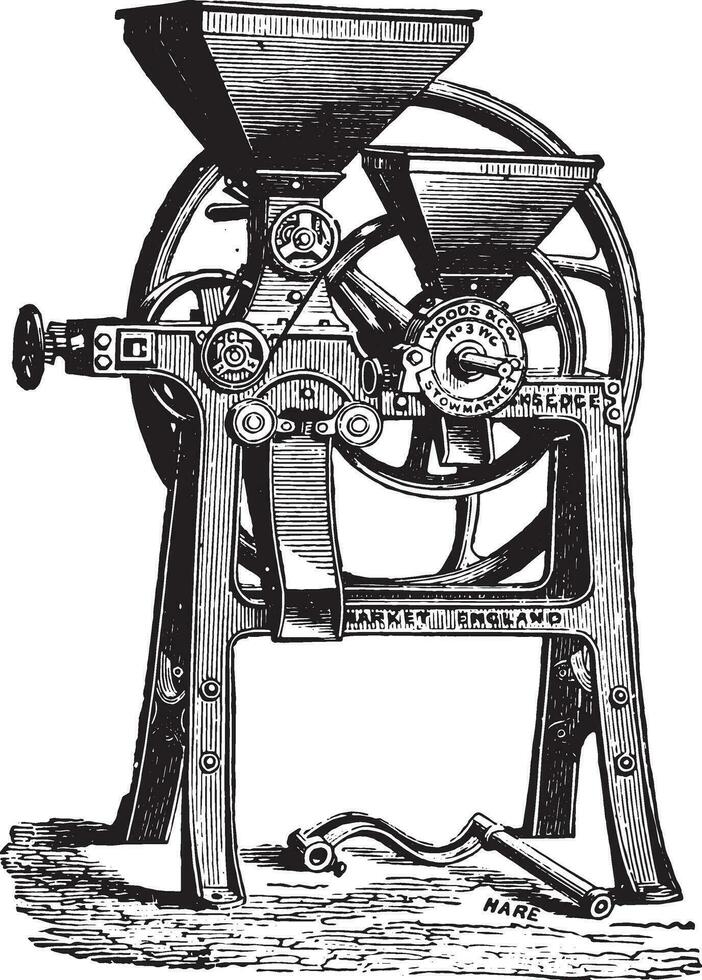 achatador bosques, com uma campo feijões triturador, vintage gravação. vetor