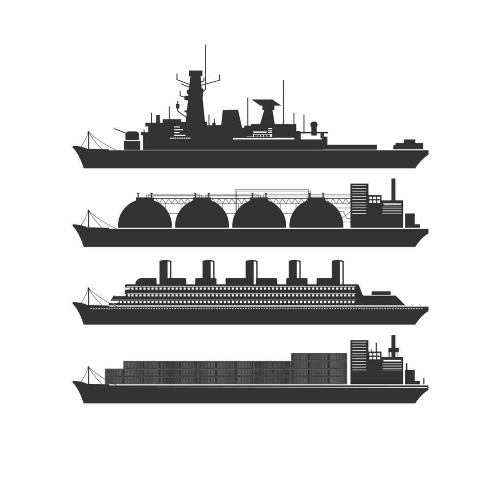 conjunto do navio , navio de guerra, petroleiro, carga navio e iate. isolado navio em branco fundo vetor
