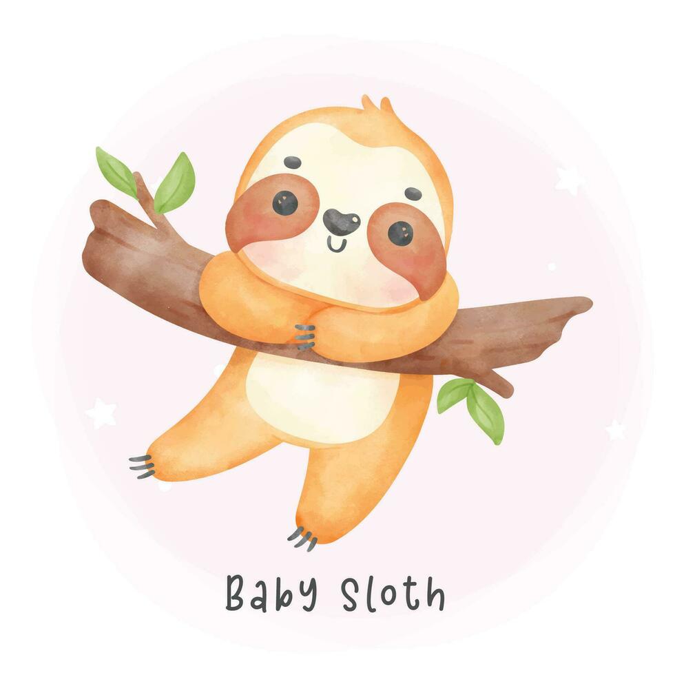 adorável bebê bicho-preguiça suspensão em árvore desenho animado aguarela berçário ilustração vetor