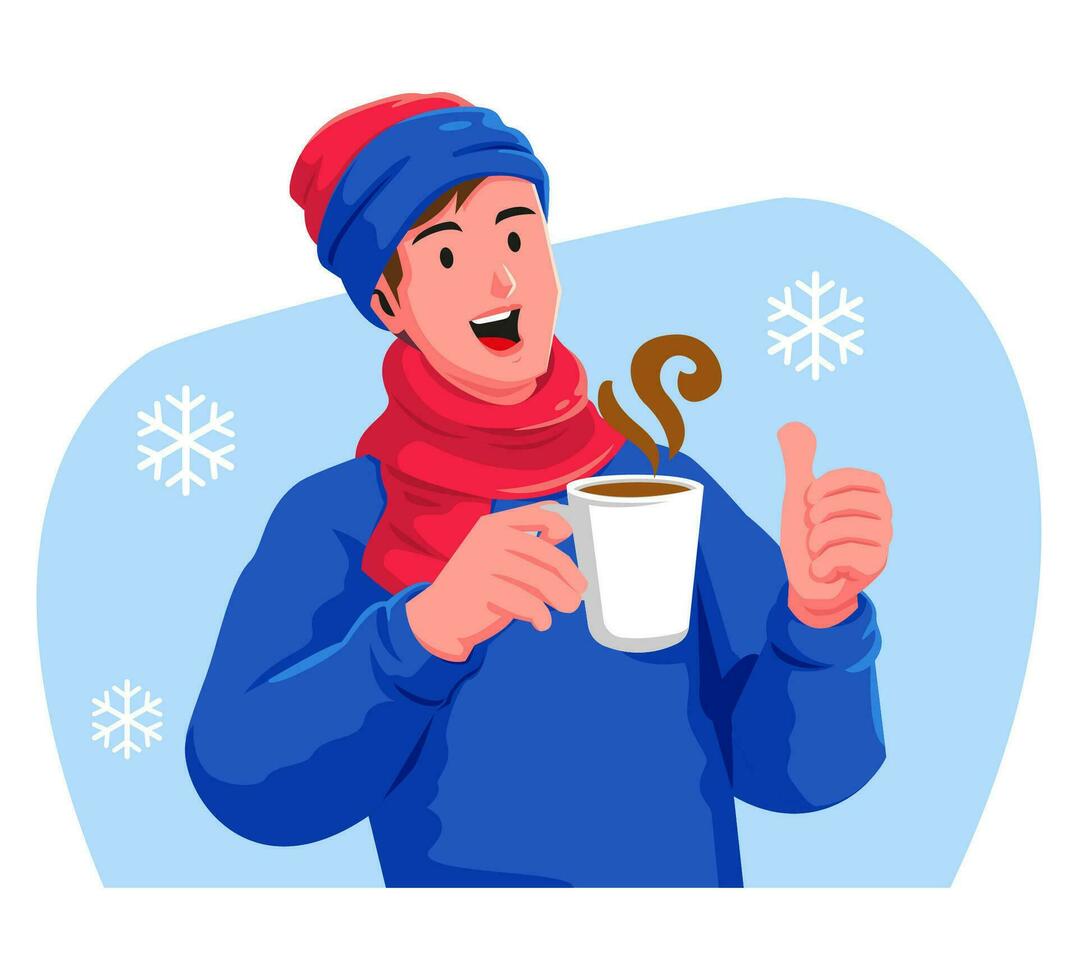 feliz homem com uma copo do quente beber dentro a inverno vetor