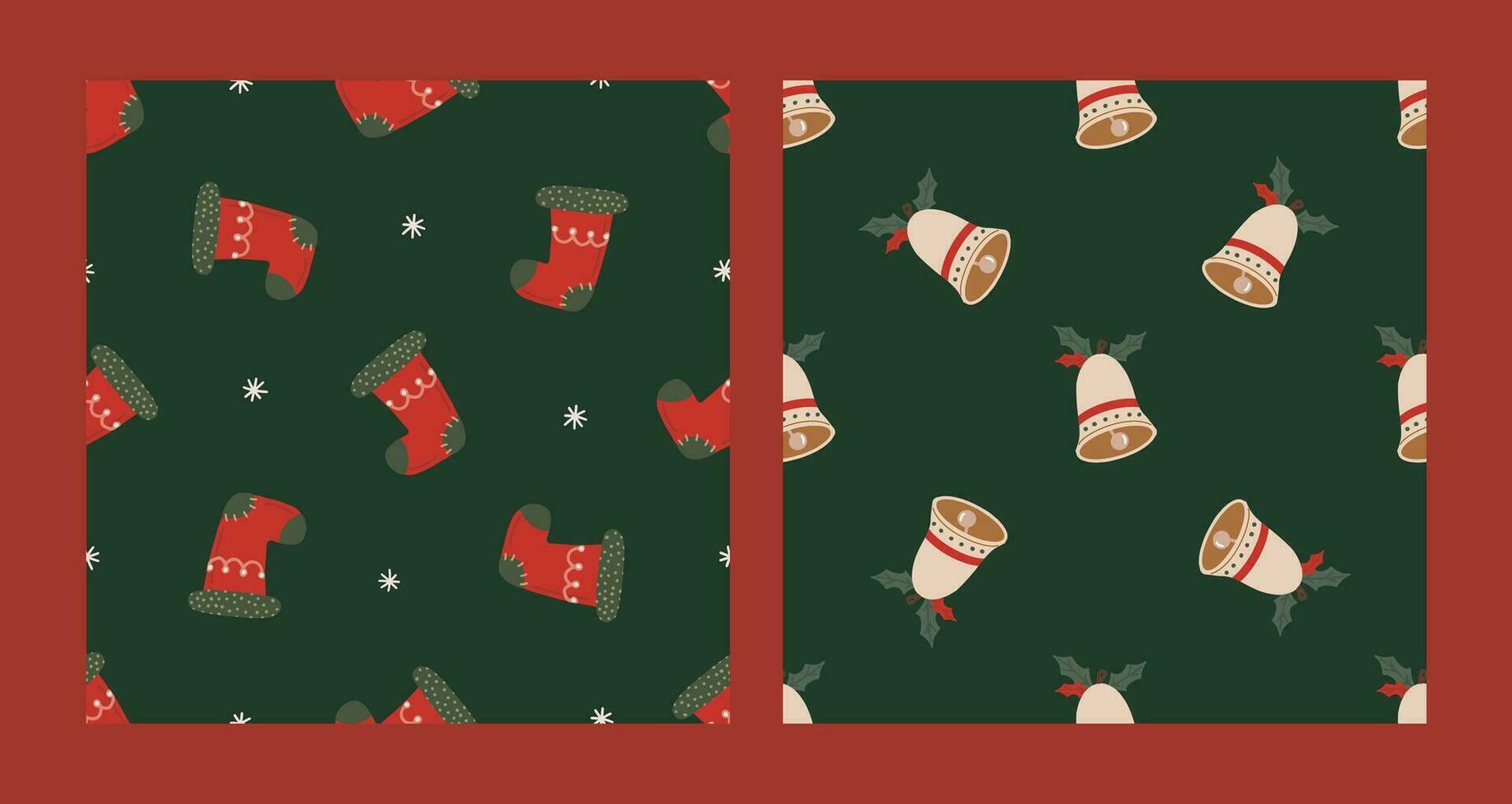 desatado padronizar conjunto com Natal vermelho meia e Sino. Natal e Novo ano conceito. mão desenhado retro vintage vetor textura para papel de parede, impressões, invólucro, têxtil