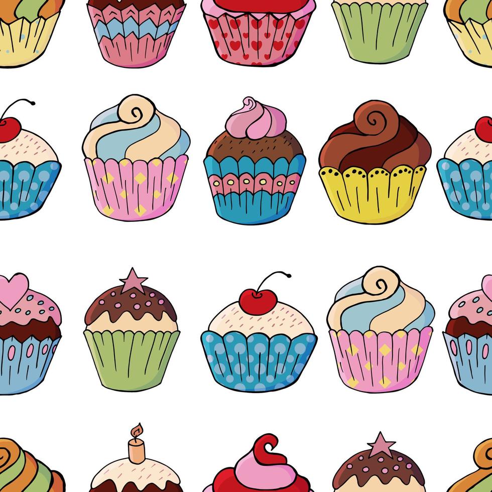 ilustração vetorial. padrão sem emenda com bolos doces. muffins fofos, cupcakes. fundo de bolinhas. textura para tecido vetor