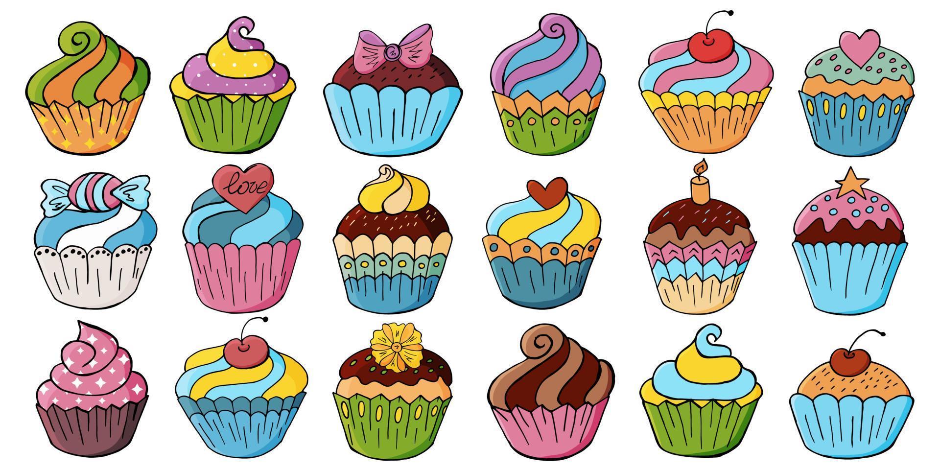 conjunto de ícones de cupcakes, muffins na mão desenhar estilo. coleção de ilustrações vetoriais para seu projeto. pastéis doces, muffins vetor