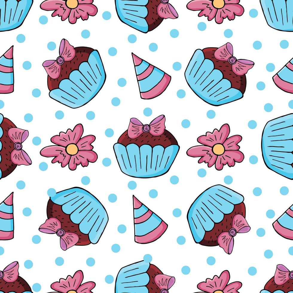 ilustração vetorial. padrão sem emenda com bolos doces. muffins fofos, cupcakes. fundo de bolinhas. textura para tecido vetor