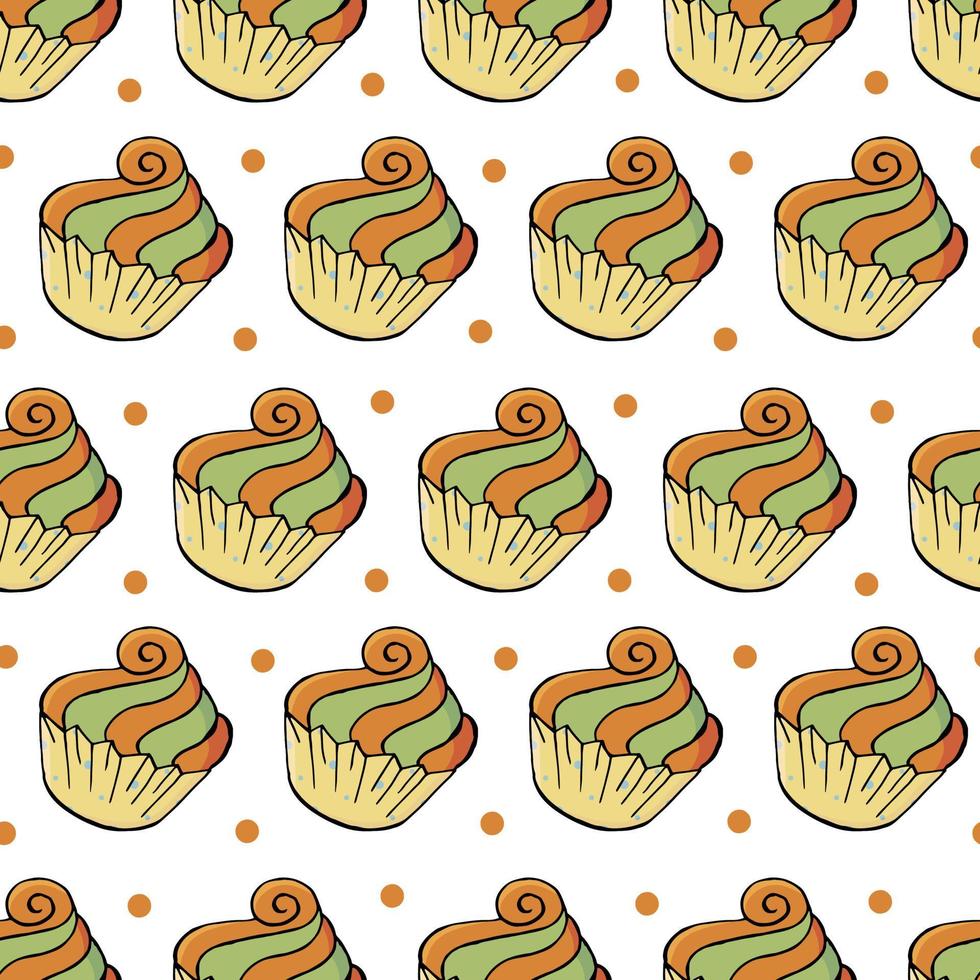 ilustração vetorial. padrão sem emenda com bolos doces. muffins fofos, cupcakes. fundo de bolinhas. textura para tecido vetor