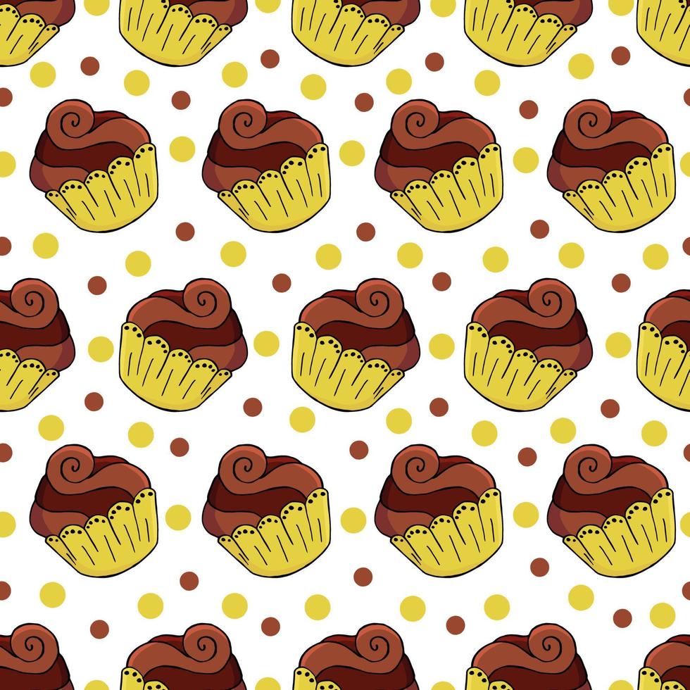 ilustração vetorial. padrão sem emenda com bolos doces. muffins fofos, cupcakes. fundo de bolinhas. textura para tecido vetor