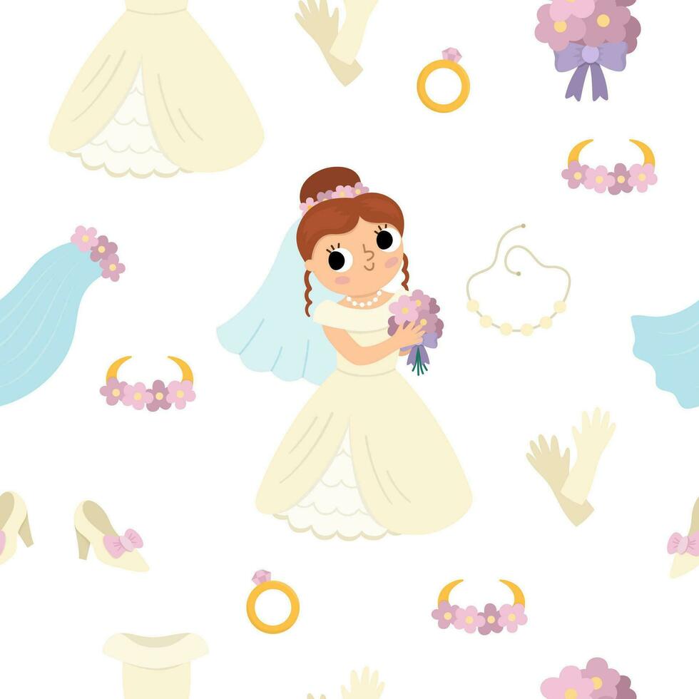 vetor desatado padronizar com noiva roupas. fofa repetir fundo com somente casado garota, vestir, acessório. Casamento cerimônia digital papel. desenho animado casamento textura com casado mulher