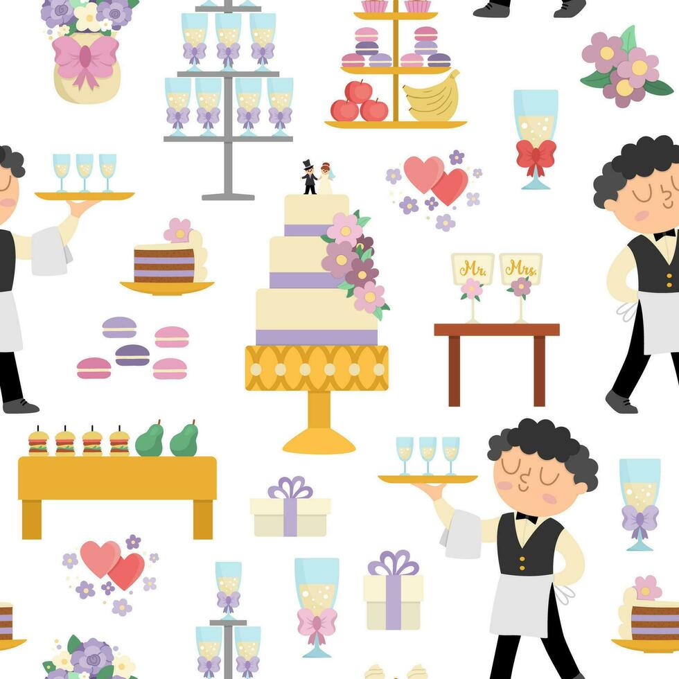 vetor Casamento doce Barra desatado padronizar. fofa casamento doce mesa ou bufê repetir fundo com garçom, bolo, champanhe, lanches, fruta. somente casado feriado refeição digital papel