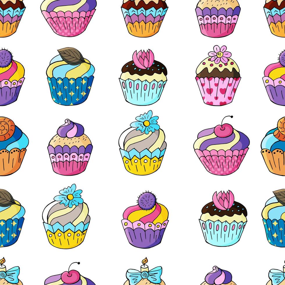 ilustração vetorial. padrão sem emenda com bolos doces. muffins fofos, cupcakes. fundo de bolinhas. textura para tecido vetor