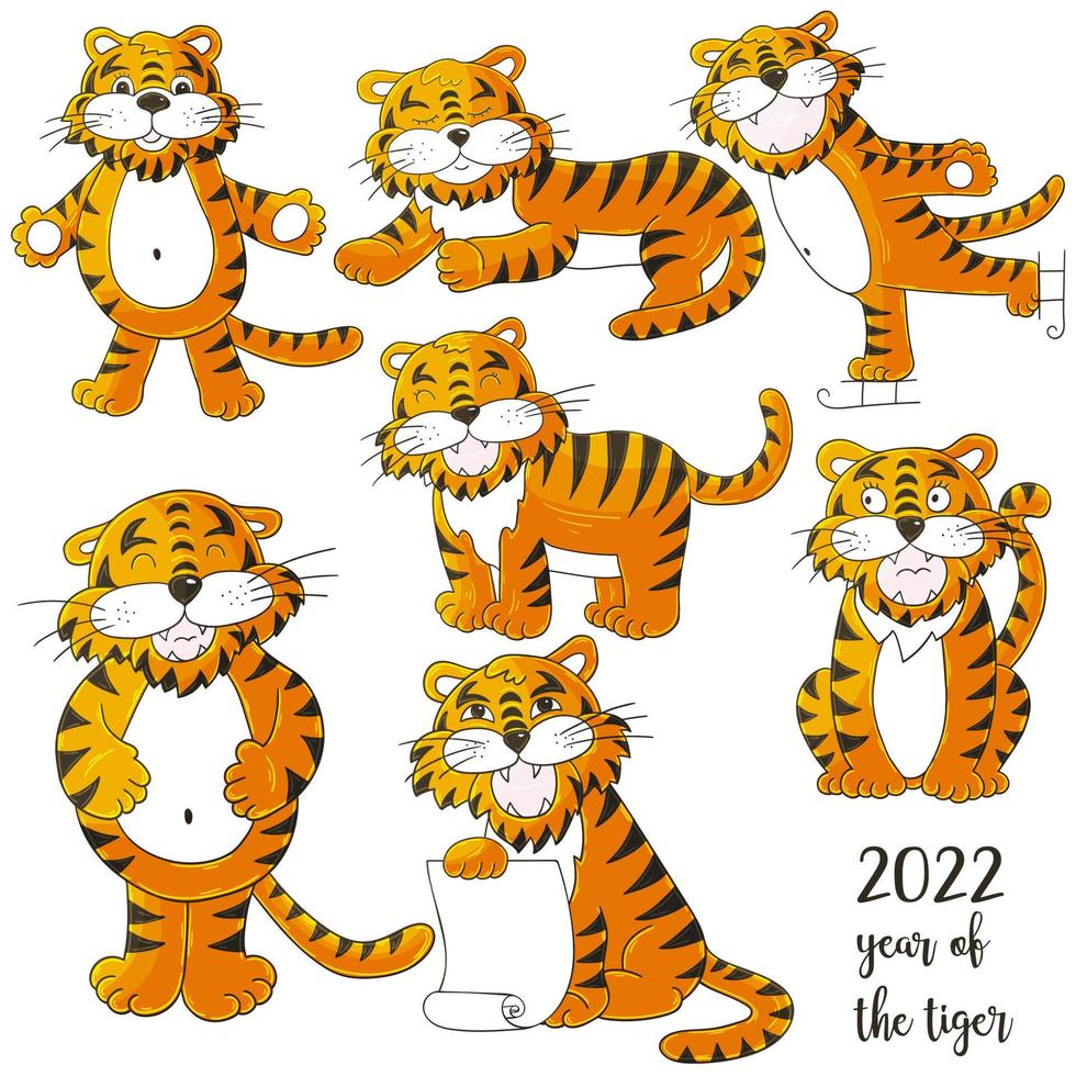 símbolo de 2022. ilustração com tigre na mão desenhar estilo. ano novo 2022 vetor