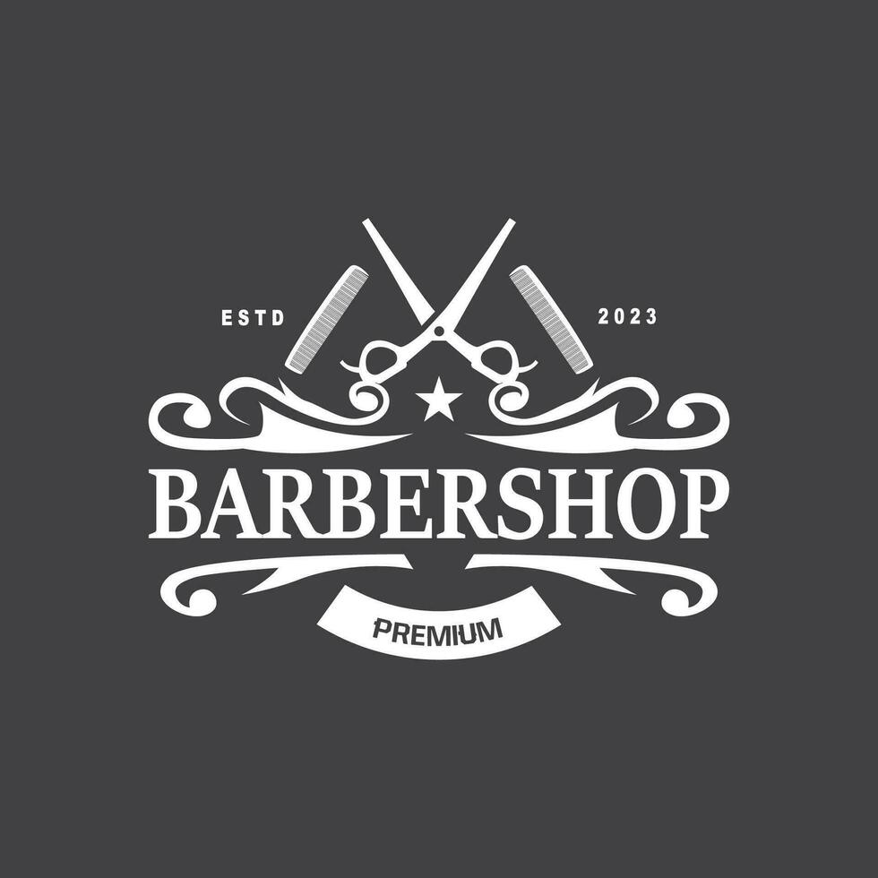 barbearia logotipo, barbeiro tesouras vetor, velho Projeto retro vintage tipografia enfeite vetor