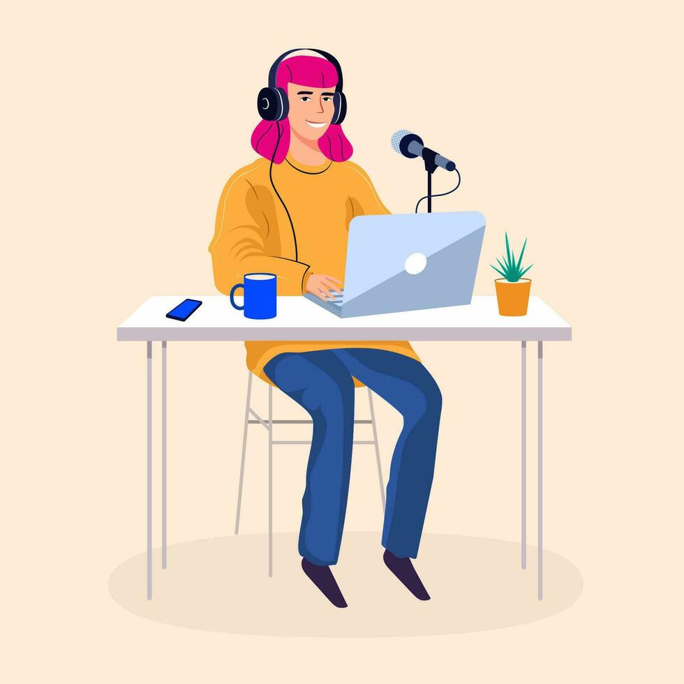 podcast mulher desenho animado estilo vetor ilustração