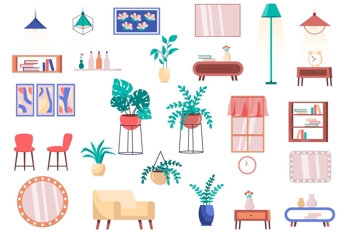 móveis, plantas da casa e conjunto de elementos de decoração isolados. pacote de cadeiras, poltrona, mesas, lâmpadas, estantes, espelhos, janela e outros. kit criador para ilustração vetorial no design plano dos desenhos animados vetor