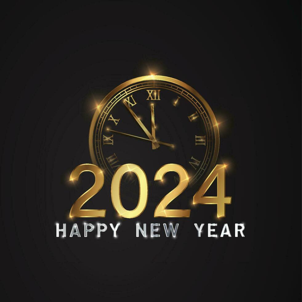 feliz Novo 2024 ano elegante ouro texto com fogos de artifício, relógio e claro. minimalista texto modelo. vetor