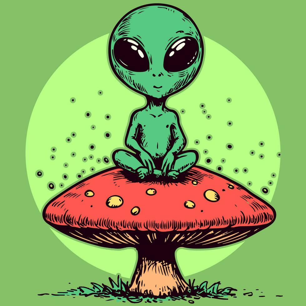 desenho animado personagem do uma meditando estrangeiro sentado em topo do uma trippy psicodélico cogumelo. verde humanóide em uma fungo fazendo ioga vetor