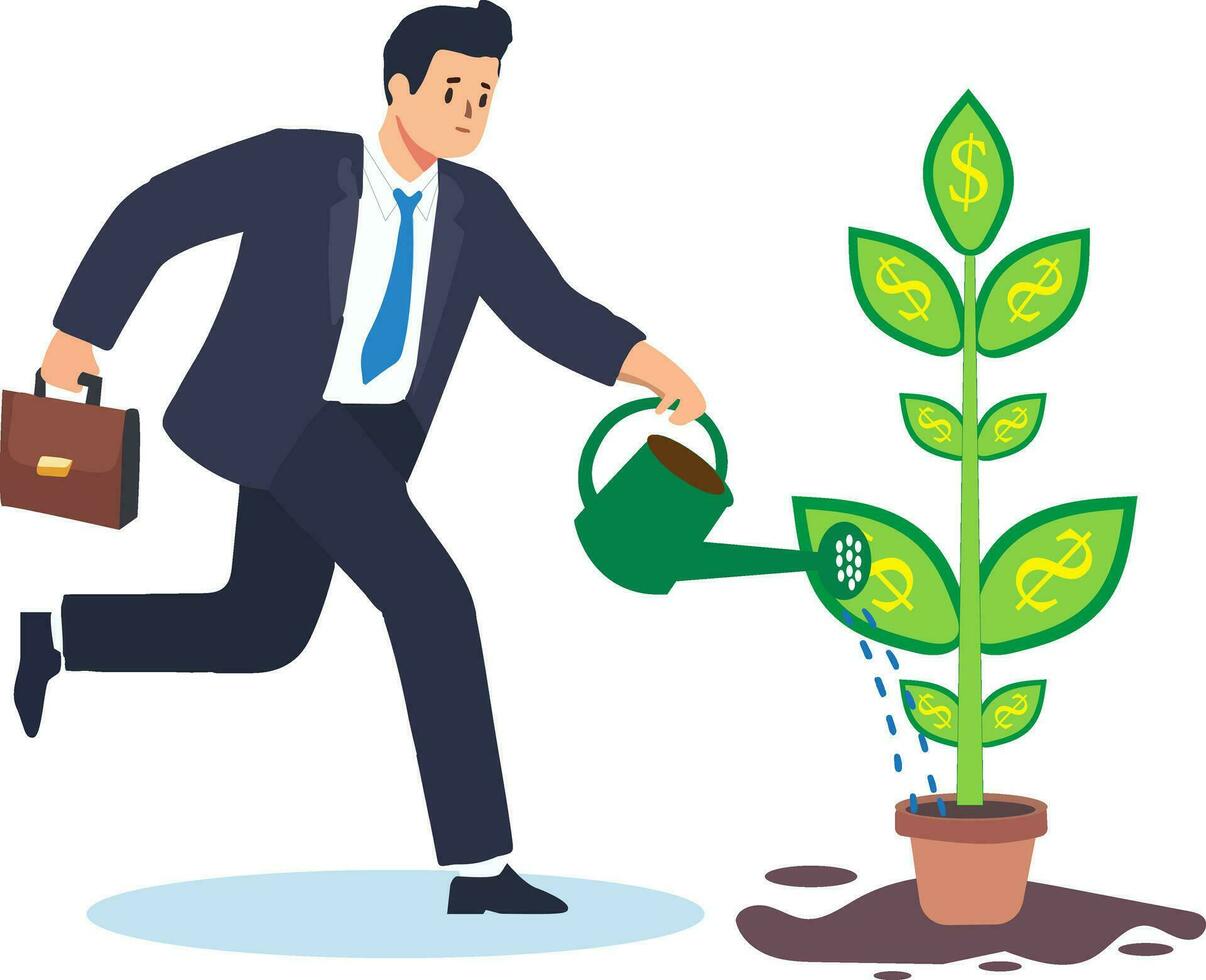 homem de negocios personagem rega plantado dinheiro dólar brotar flor. plantar dinheiro árvore para investimento o negócio conceito vetor ilustração isolado em branco fundo.