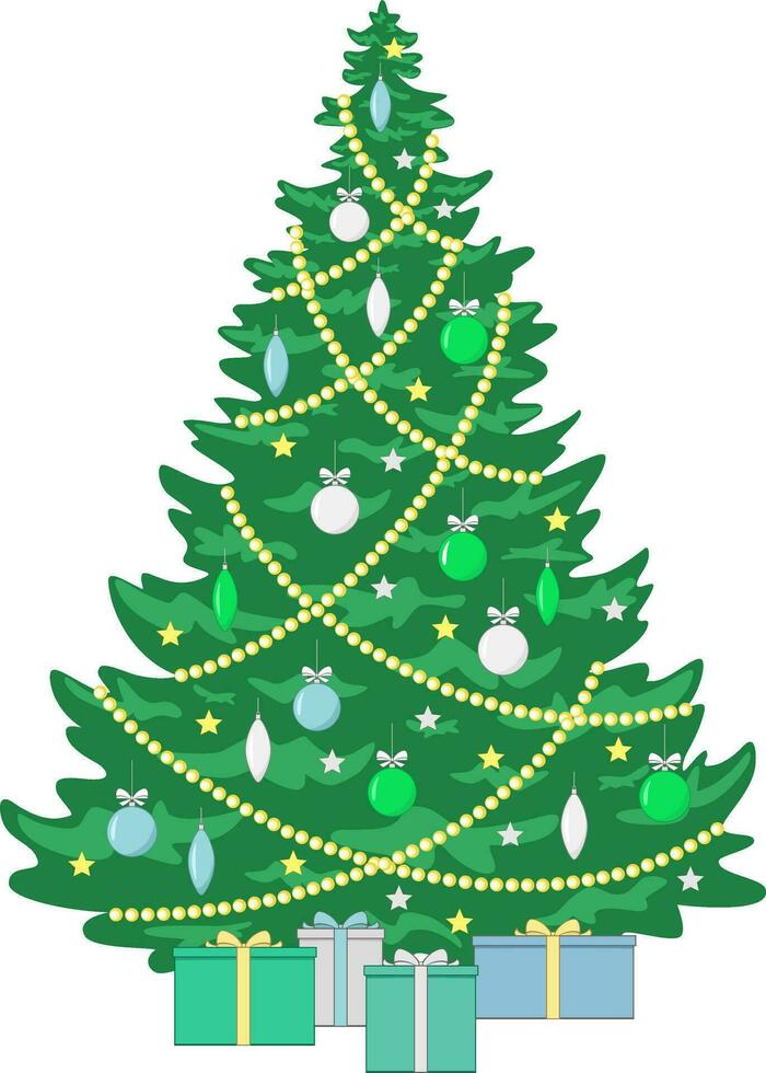 Natal árvore decorado com festão e brinquedos. colorida bolas, gelo, sinos, arcos. presentes debaixo a árvore. feriado decorativo abeto. feliz Novo ano vetor ilustração.