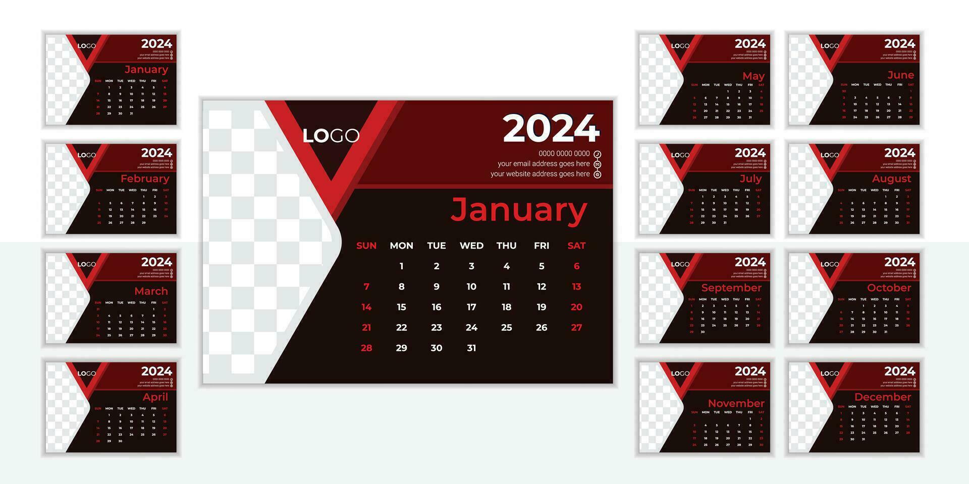 moderno escrivaninha calendário Projeto modelo 2024 vetor