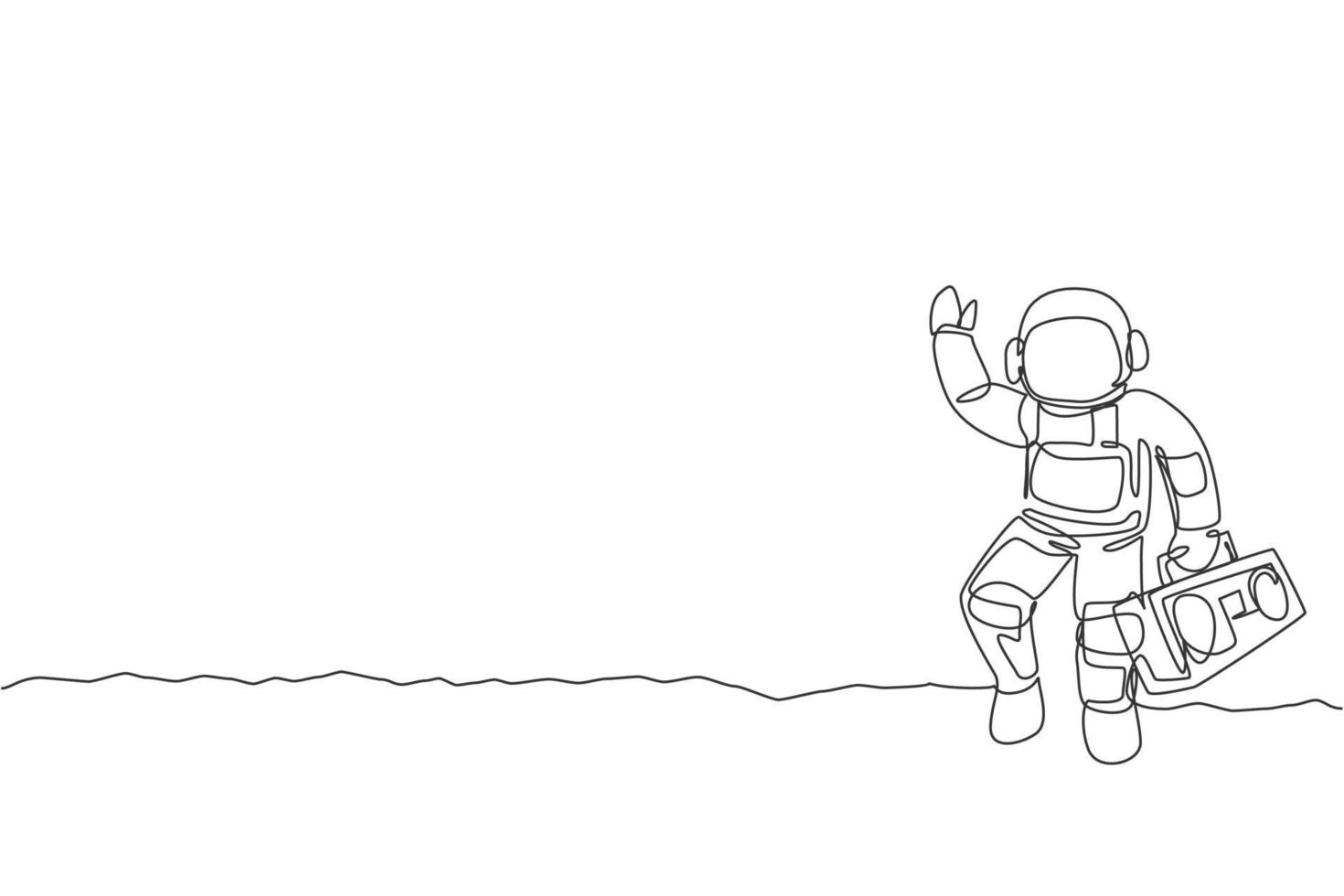 único desenho de linha contínua do astronauta caminhando e segurando um rádio retrô com a mão na superfície da lua. conceito de concerto de música do espaço sideral. tendência de uma linha desenhar ilustração vetorial de design gráfico vetor